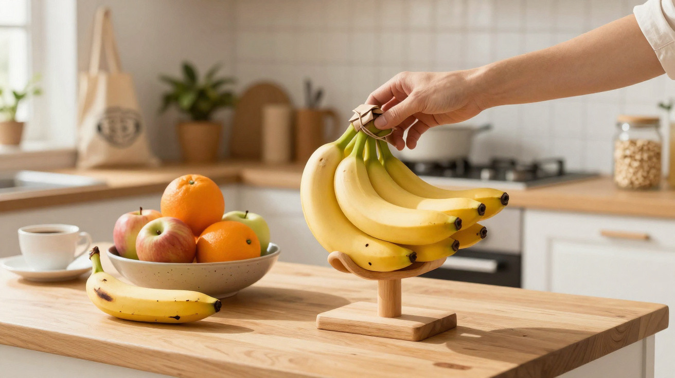 Fruta fresca numa cozinha iluminada, com mão a pegar numa penca de bananas num suporte de madeira.