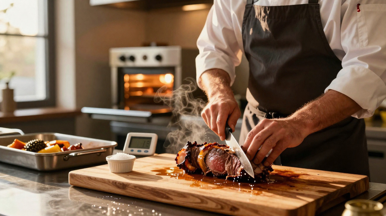 Chef a cortar carne fumegante num tábua de madeira numa cozinha moderna com forno ao fundo.