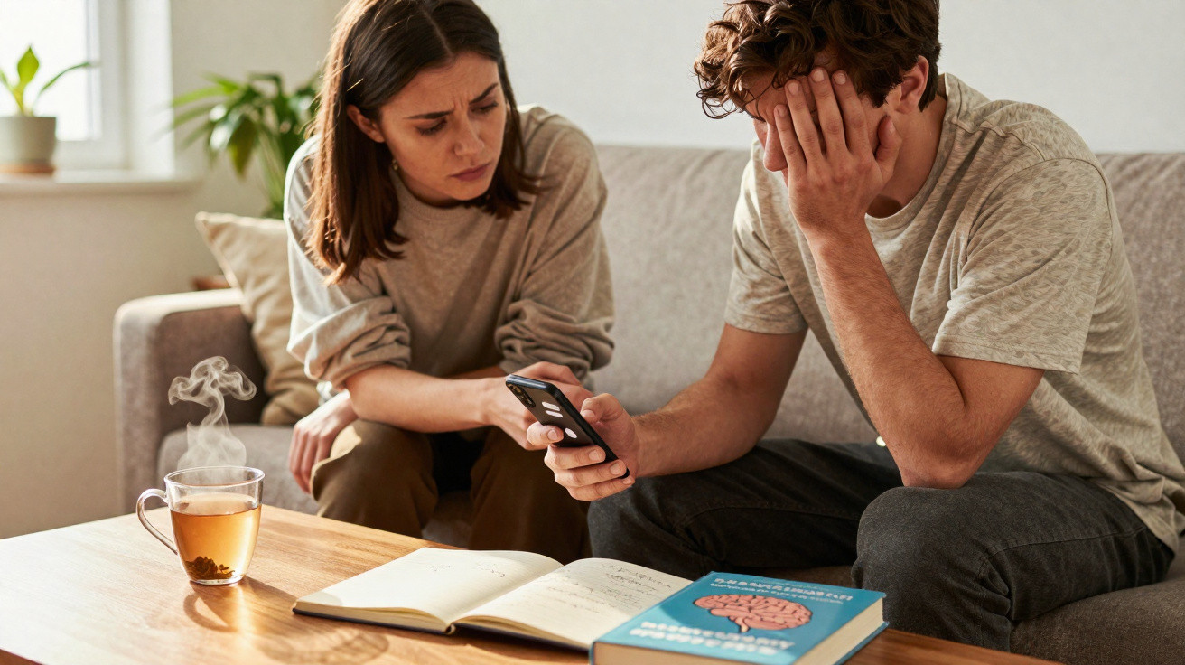 Homem e mulher sentados no sofá, homem com mão na cara e mulher preocupada a olhar para o telemóvel.
