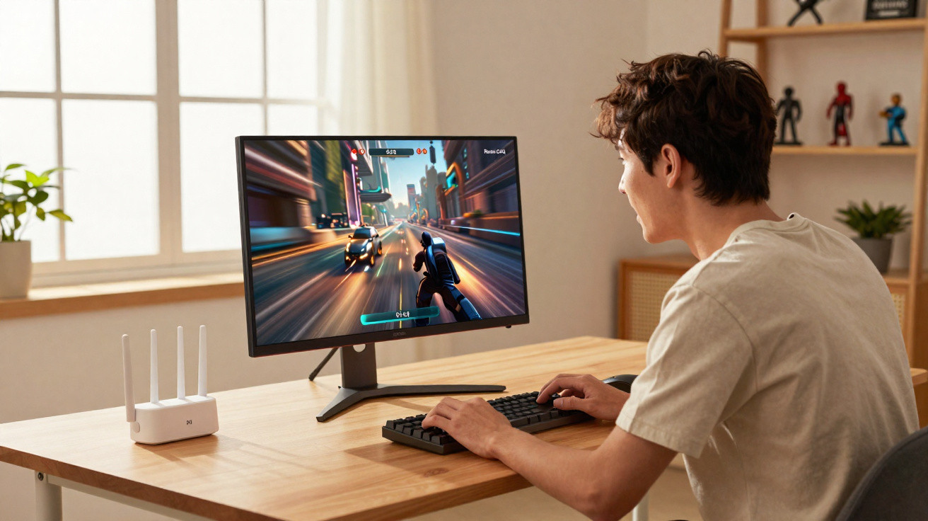 Jovem a jogar videojogo de ação num computador numa sala iluminada e arrumada.