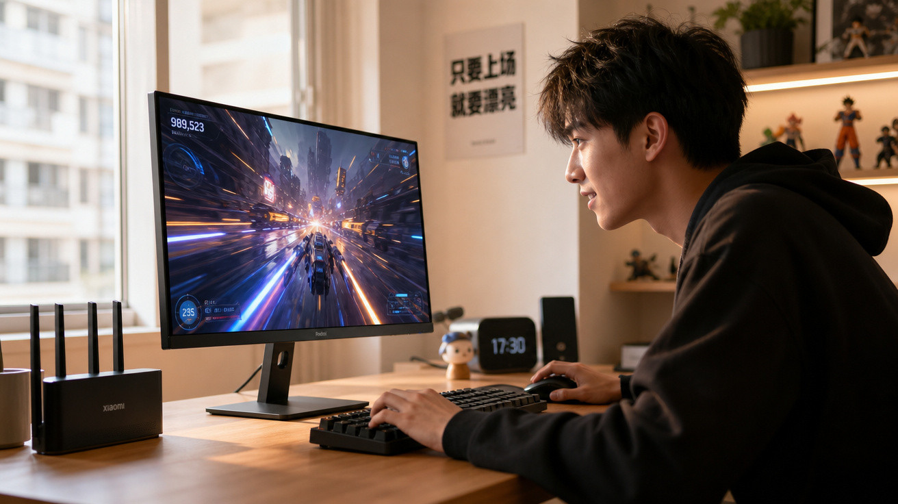 Jovem a jogar videojogo futurista num computador com ambiente organizado e luz natural na sala.