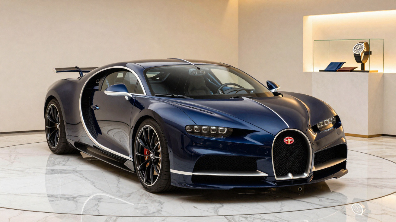 Carro desportivo azul Bugatti Chiron estacionado em piso de mármore branco com porta aberta.