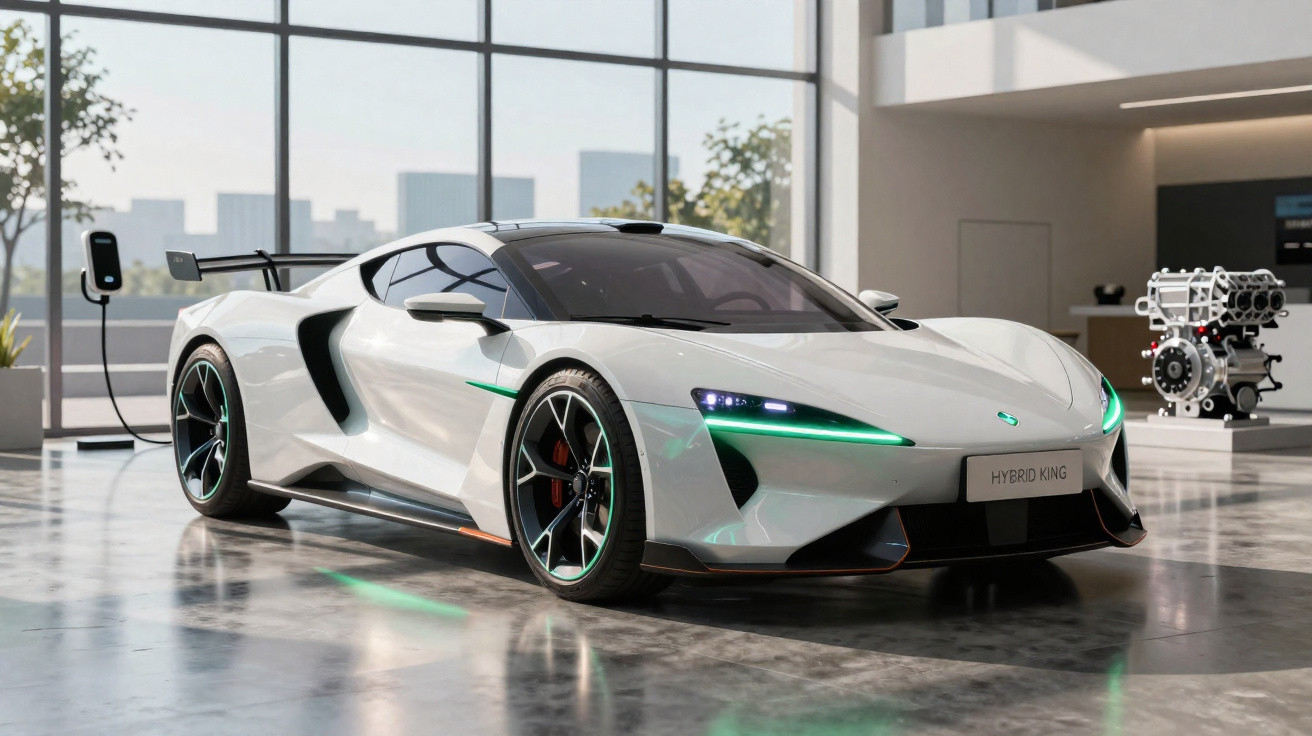 Carro desportivo branco elétrico estacionado em salão moderno, ligado a estação de carregamento.