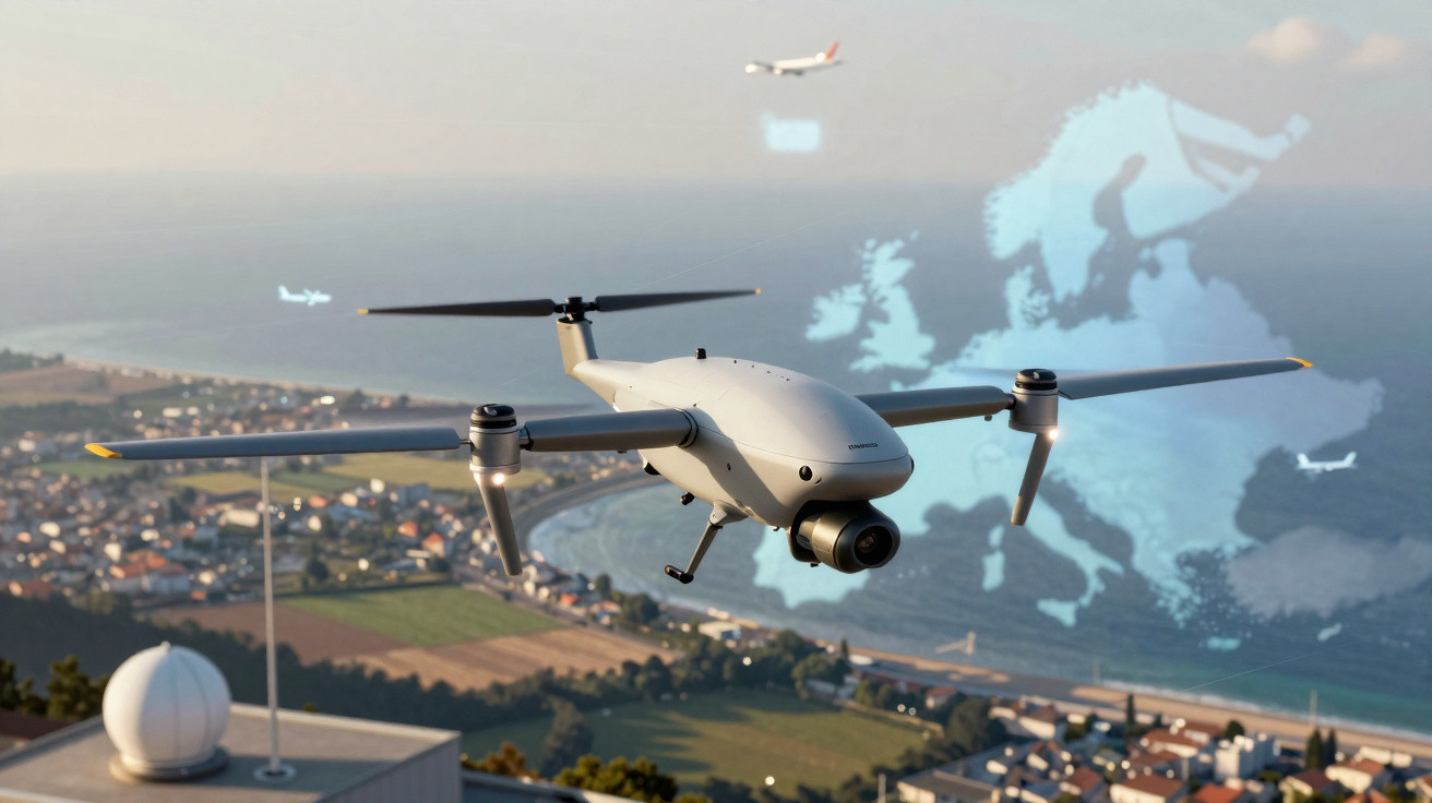 Drone cinzento em voo sobre área urbana costeira com mapa digital da Europa no céu ao fundo.