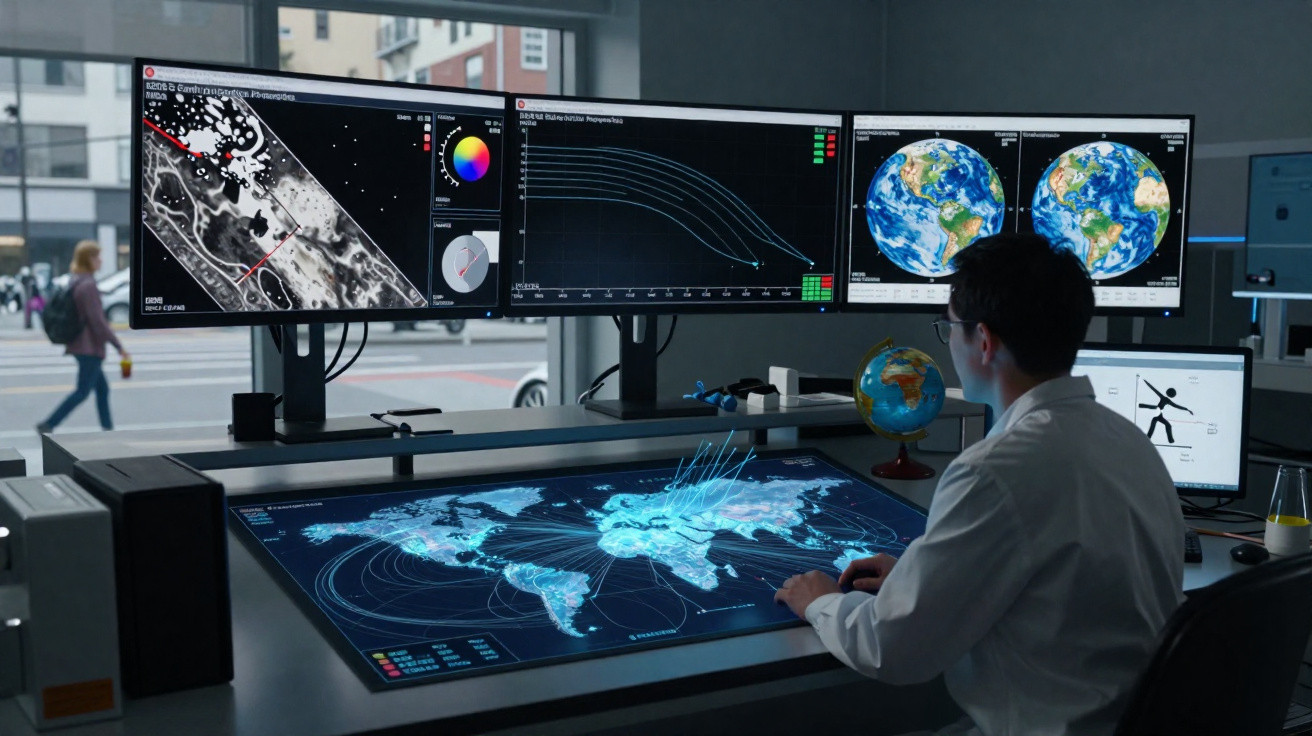 Pessoa a analisar mapas digitais e dados geográficos em múltiplos ecrãs num ambiente de escritório moderno.