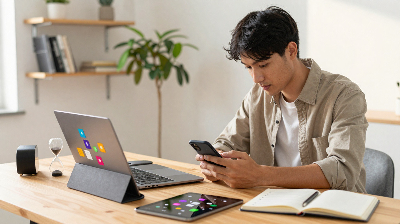 Jovem sentado à mesa com portátil, tablet, telemóvel e caderno, concentrado a trabalhar num ambiente moderno.
