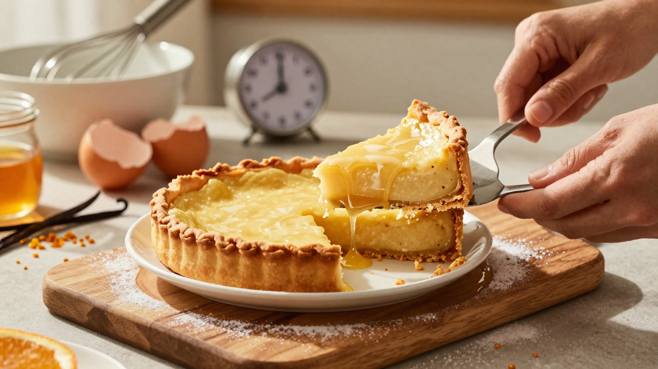 Pessoa a retirar uma fatia de tarte de limão com recheio cremoso e cobertura brilhante num prato branco.