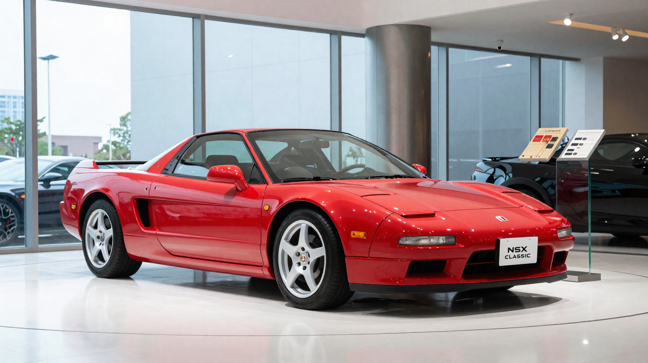 Carro desportivo vermelho Honda NSX Classic exposto num salão automóvel moderno com janelas amplas.