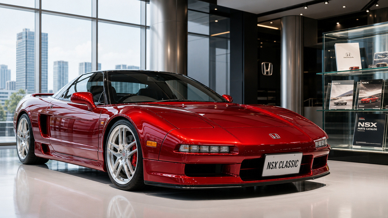 Carro desportivo vermelho Honda NSX Classic exposto em salão moderno com vista urbana ao fundo.