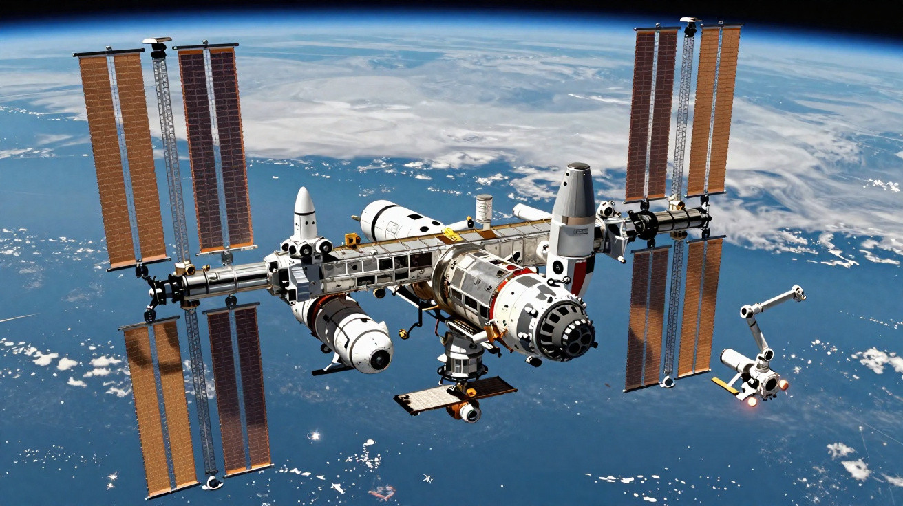Estação espacial em órbita terrestre com painéis solares e o planeta azul ao fundo.