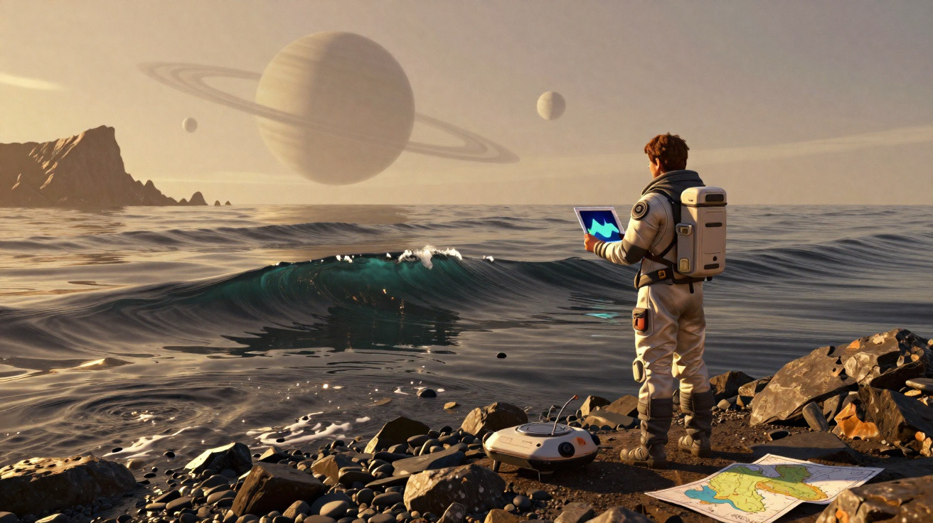 Astronauta com tablet observa o oceano e planetas gigantes com anéis ao fundo numa praia rochosa.