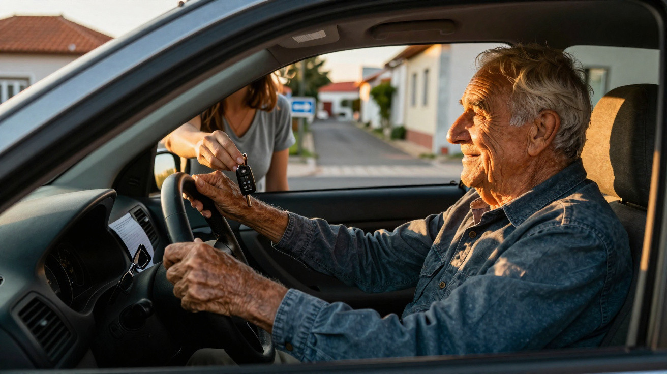 Idoso ao volante recebe as chaves do carro de uma mulher pela janela do lado do passageiro.