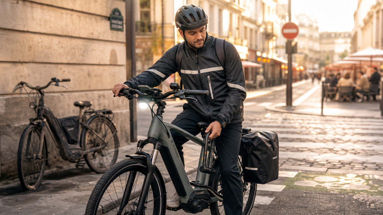 Homem de capacete prepara-se para montar bicicleta elétrica numa rua urbana ao entardecer.
