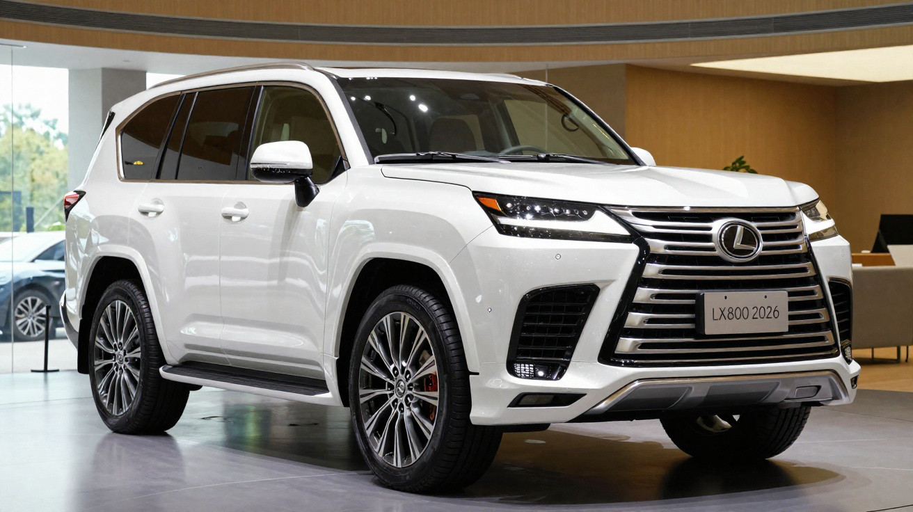 SUV Lexus LX800 branco 2026 estacionado em showroom moderno.