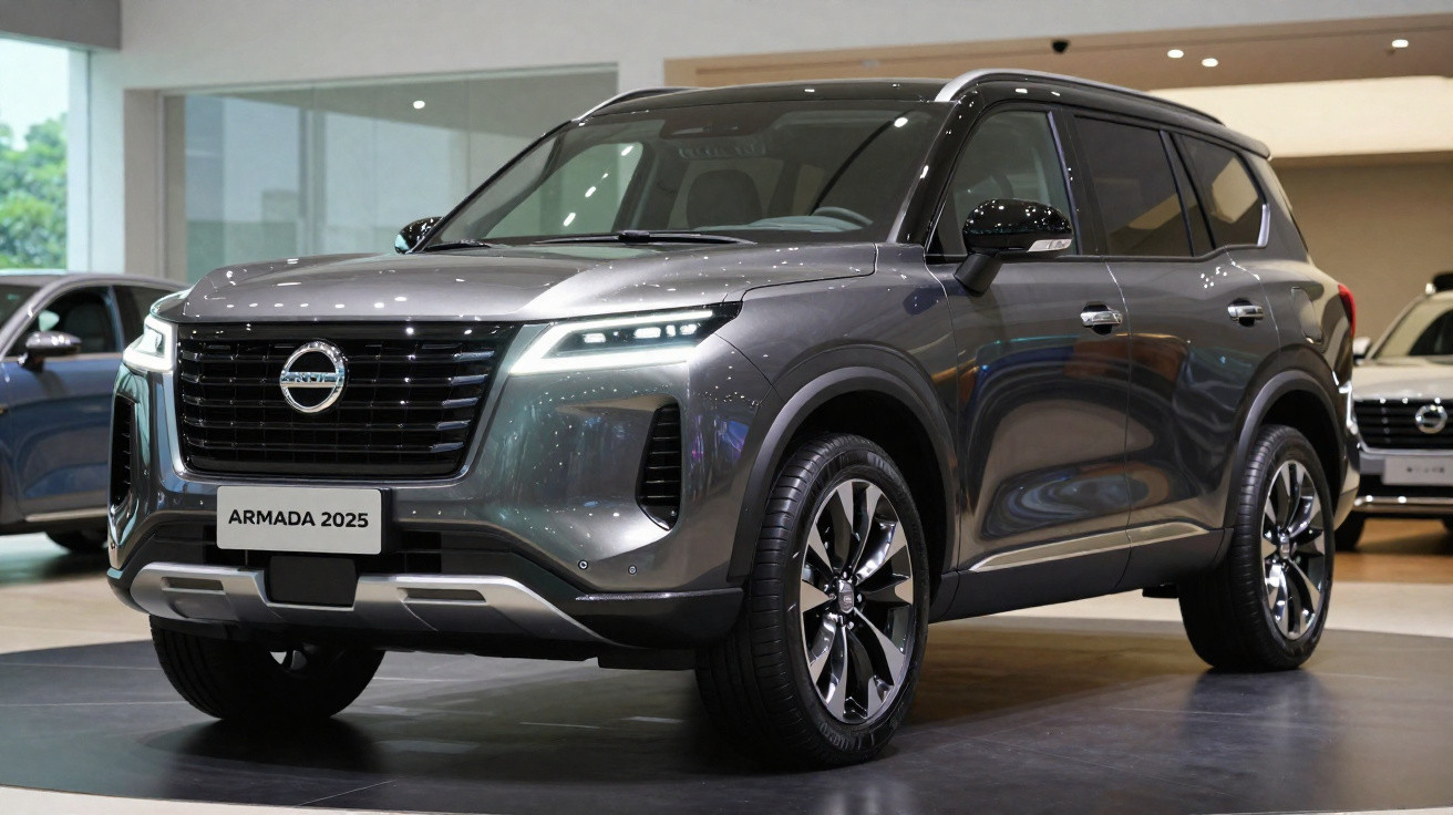 Nissan Armada 2025 cinzento estacionado em salão de automóveis moderno e iluminado.