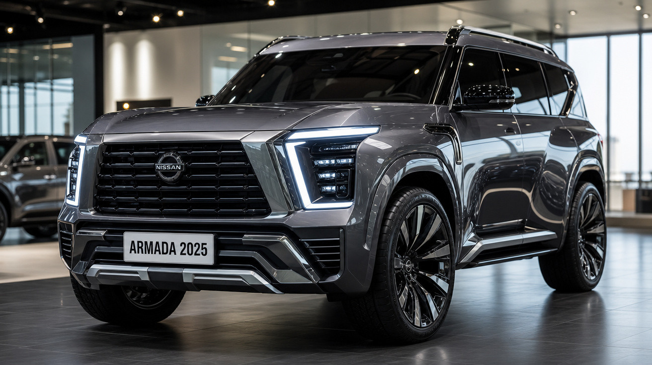 SUV Nissan Armada 2025 cinzento metálico, com faróis LED e design robusto, em salão de exposição moderno.