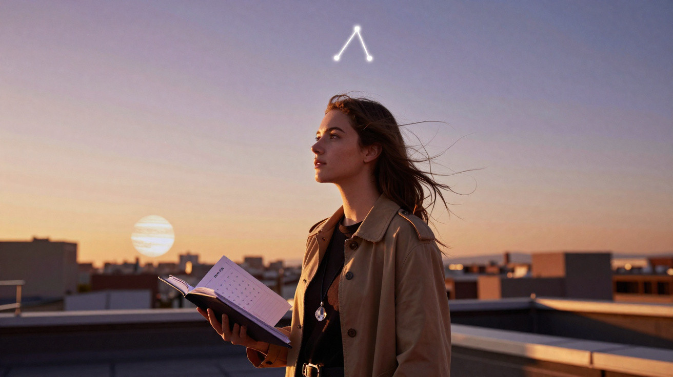 Mulher jovem de perfil, com casaco bege, segurando agenda aberta ao pôr do sol numa cobertura urbana.