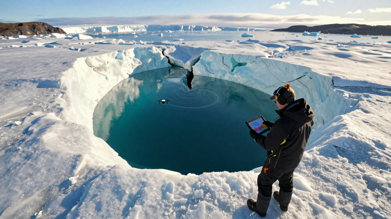 Pessoa com roupa térmica controla drone sobre enorme buraco com água rodeado por gelo e neve no Ártico.