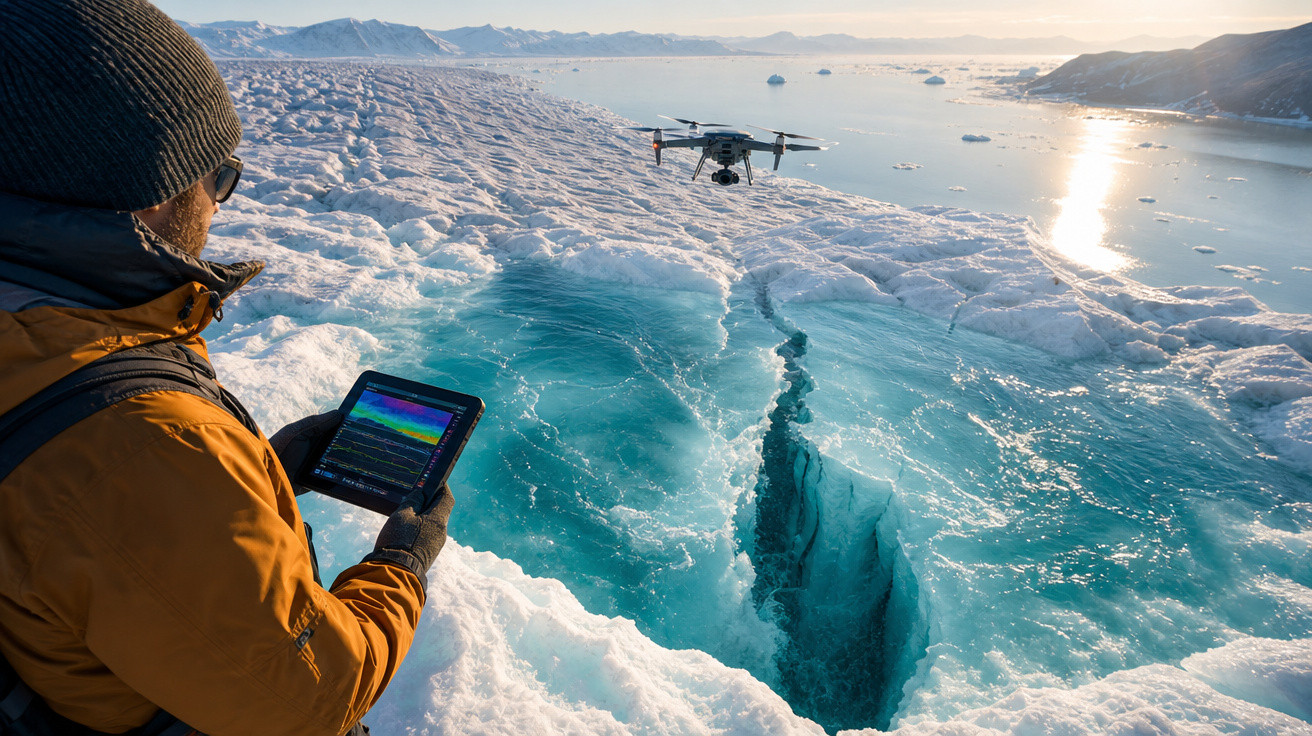 Pessoa com tablet controla drone sobre icebergue com fenda profunda e água turquesa, em paisagem ártica ao pôr do sol.