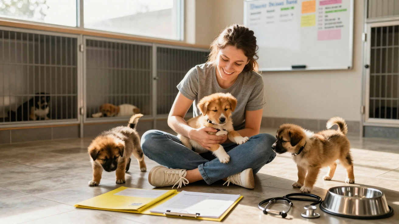 Mulher sentada no chão de uma clínica veterinária com três cachorrinhos ao redor e material médico.