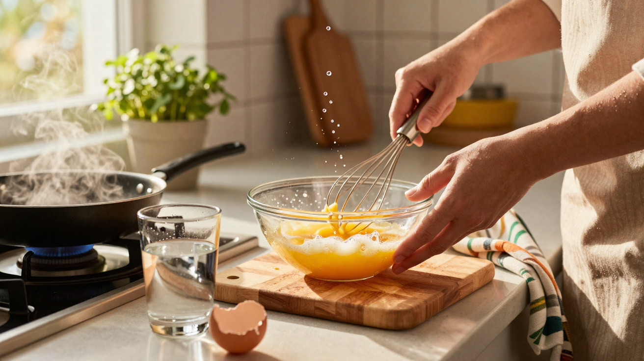 Pessoa a mexer ovos com batedor numa tigela de vidro numa cozinha com fogão a fumegar ao fundo.