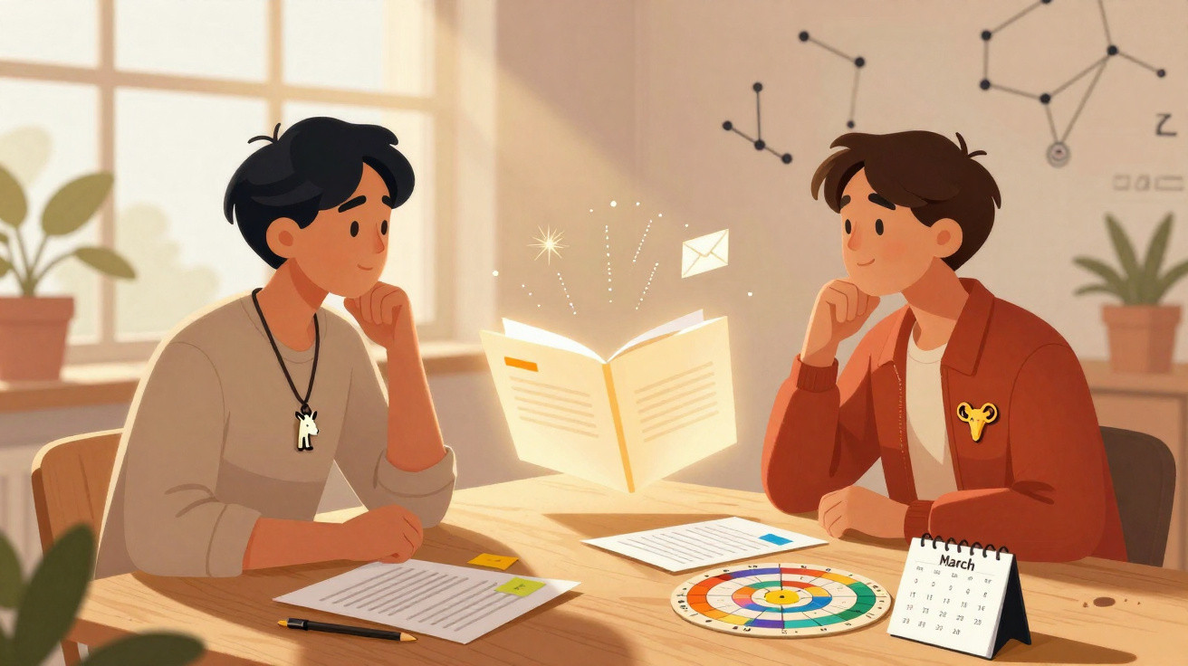 Duas pessoas sentadas à mesa a debater um livro aberto com efeitos mágicos num ambiente acolhedor.