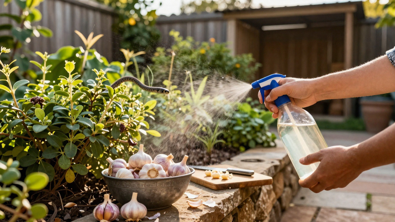 Pessoa borrifando líquido com spray em cobra num jardim com alho numa taça.