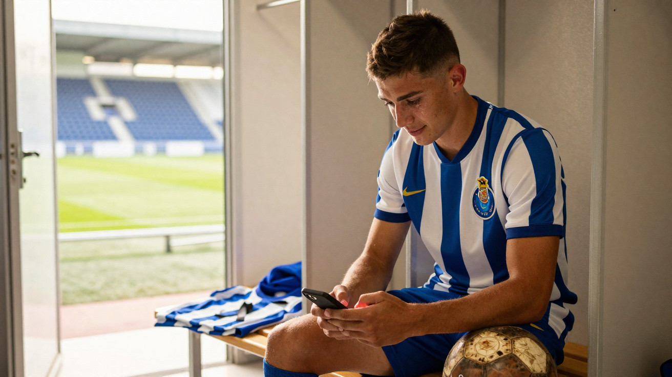 Jogador de futebol do FC Porto sentado no balneário a olhar para o telemóvel com bola ao lado.