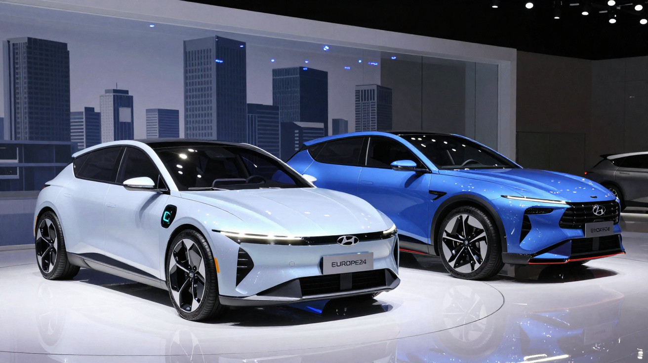 Dois carros elétricos modernos Hyundai Ioniq 6, um branco e outro azul, exibidos numa feira automóvel.
