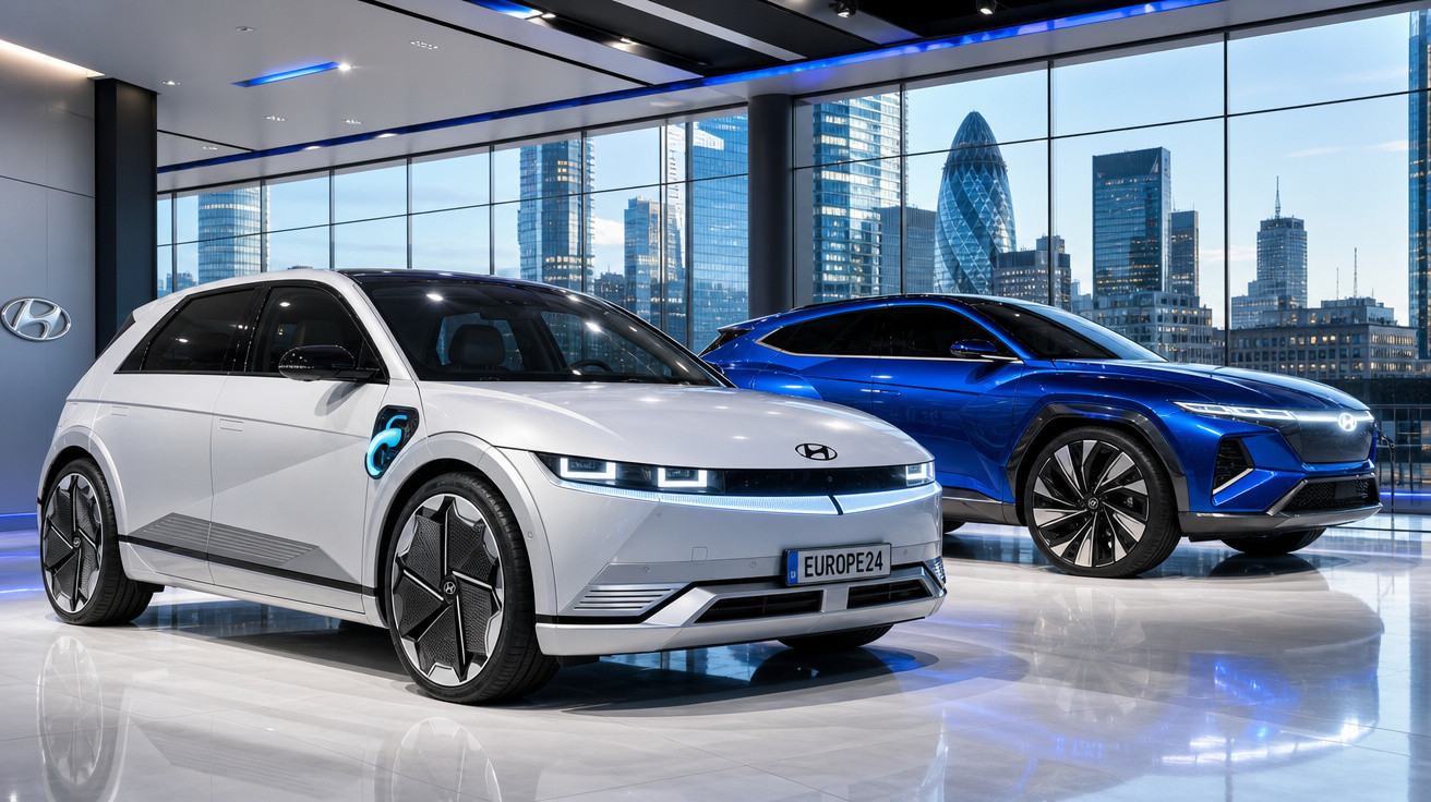 Dois carros elétricos Hyundai, um branco e um azul, em showroom com vista para arranha-céus urbanos.