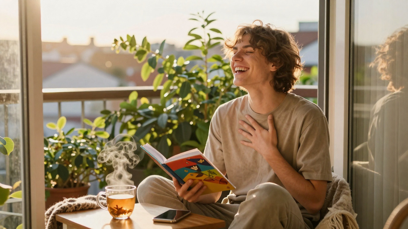 Jovem sentado numa varanda, a rir enquanto lê um livro, com chá quente e smartphone numa mesa.