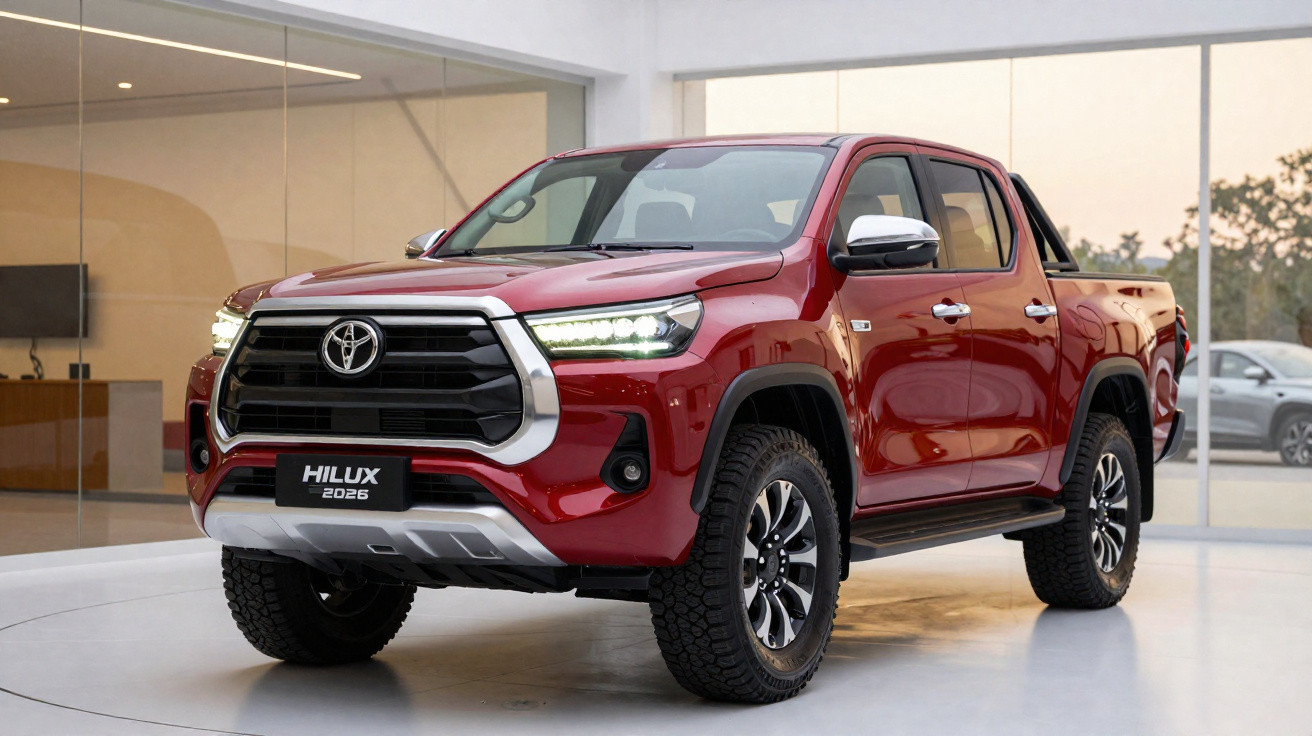 Toyota Hilux 2026 nova, pick-up vermelha em exposição numa sala moderna e luminosa.