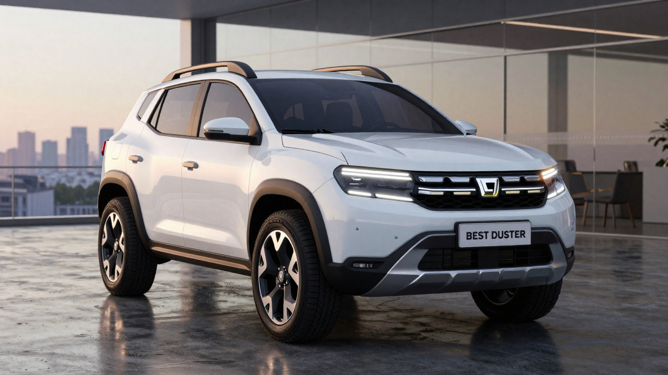 Carro SUV branco Dacia Best Duster estacionado em piso de cimento com fundo urbano ao pôr do sol.