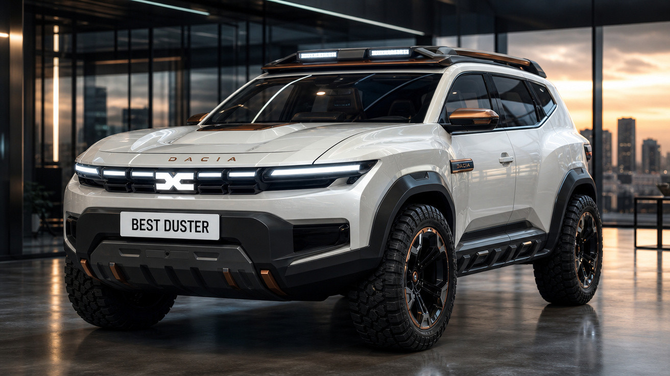 Veículo SUV Dacia Best Duster branco com detalhes em preto e bronze estacionado em ambiente urbano moderno ao pôr do sol.
