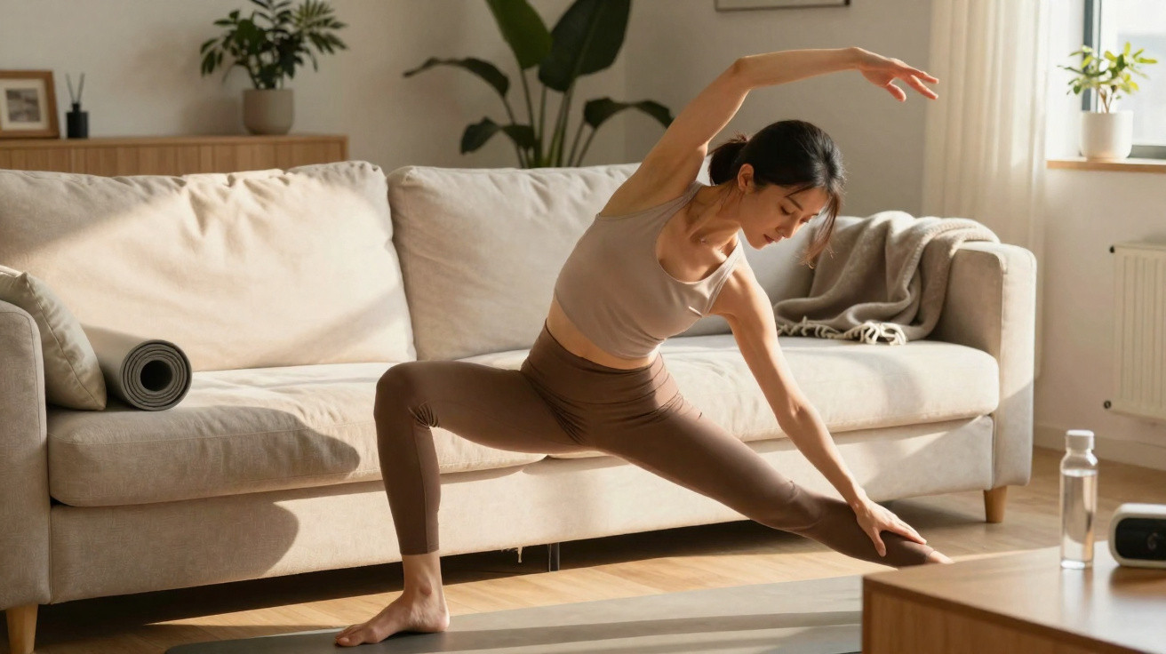 Mulher a fazer alongamentos de yoga em casa, com tapete e garrafa de água ao lado.