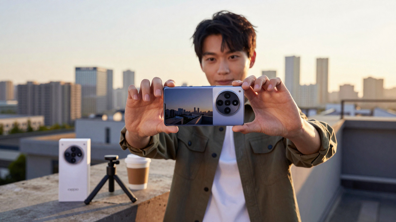 Homem a segurar smartphone cinzento a tirar foto urbana ao pôr do sol numa varanda com prédios ao fundo.