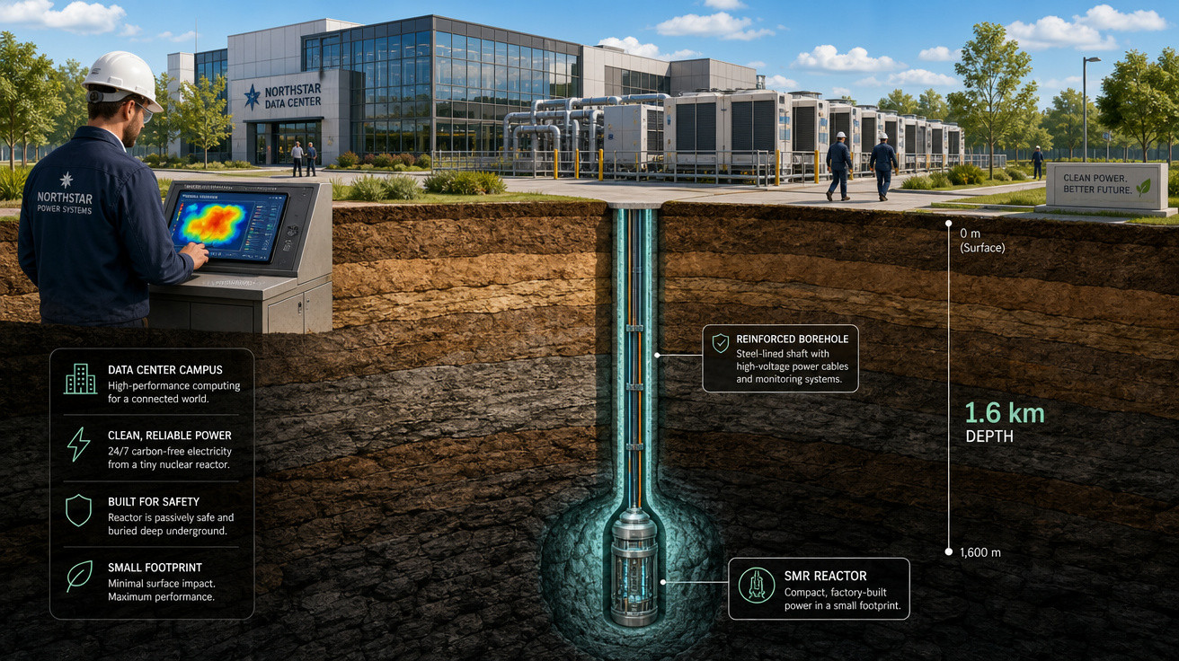 Representação de centro de dados com reator nuclear SMR enterrado a 1,6 km para energia limpa e segura.