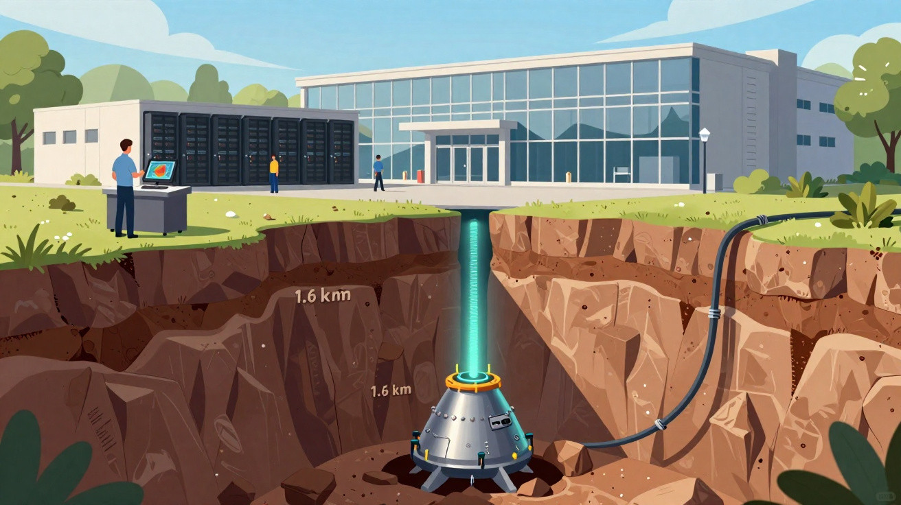 Ilustração de pesquisa científica com laboratório, técnicos e dispositivo tecnológico enterrado a 1,6 km.