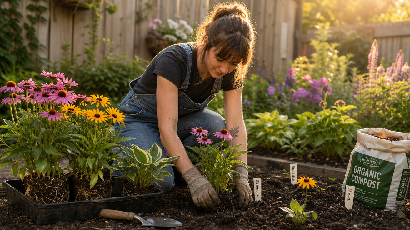 Mulher a plantar flores coloridas num jardim com terra e composto orgânico ao entardecer.