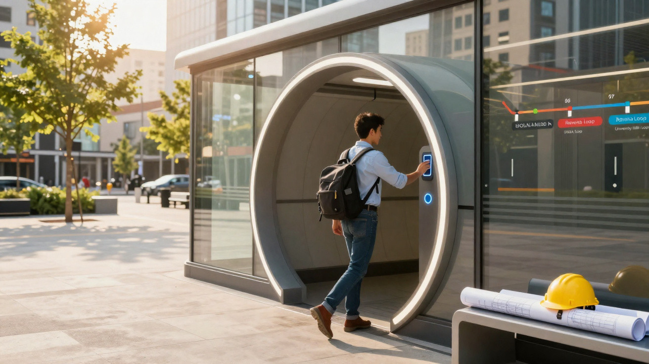 Homem com mochila usa dispositivo biométrico para entrar em estrutura moderna circular numa zona urbana.