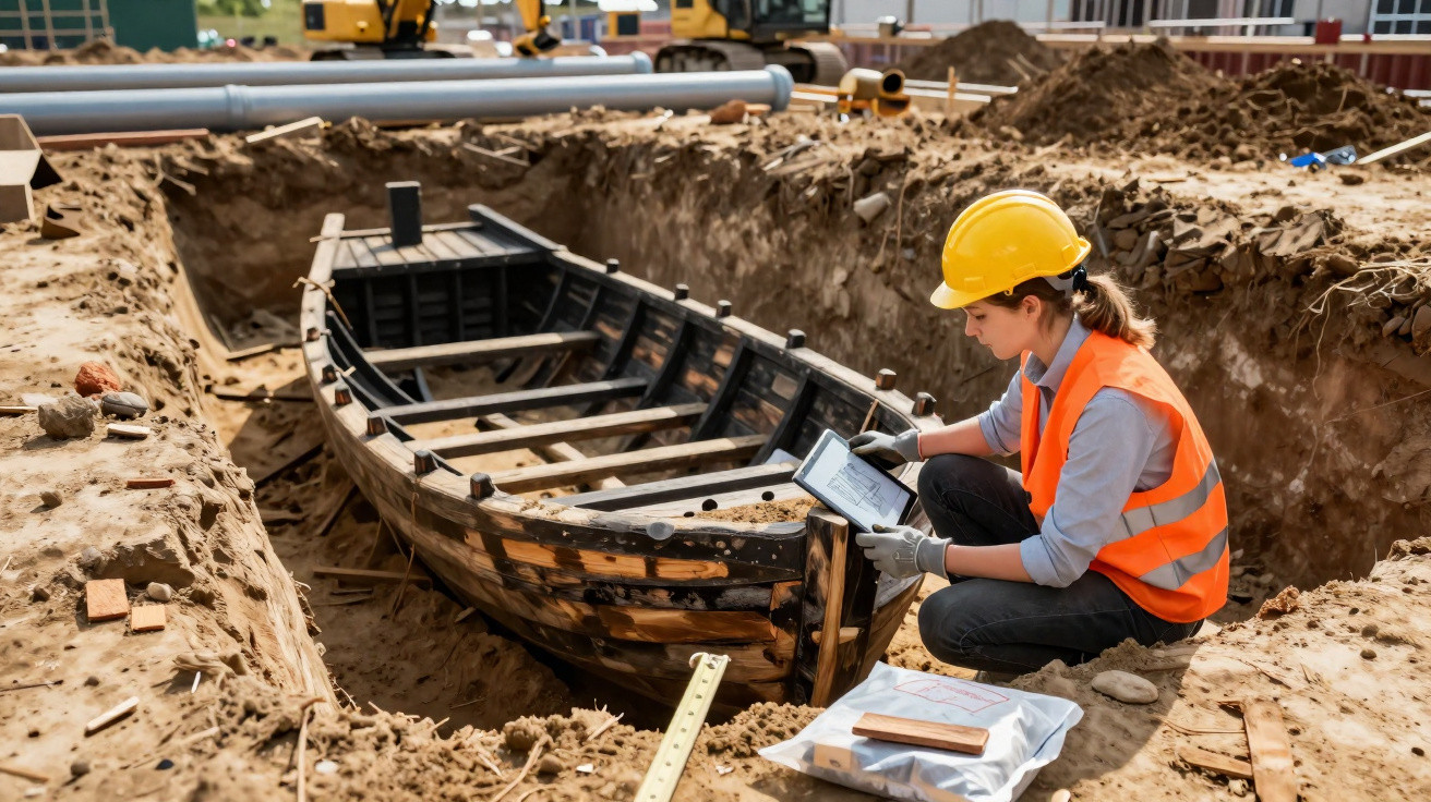 Profissional de construção com colete e capacete a analisar tablet junto a barco antigo escavado.