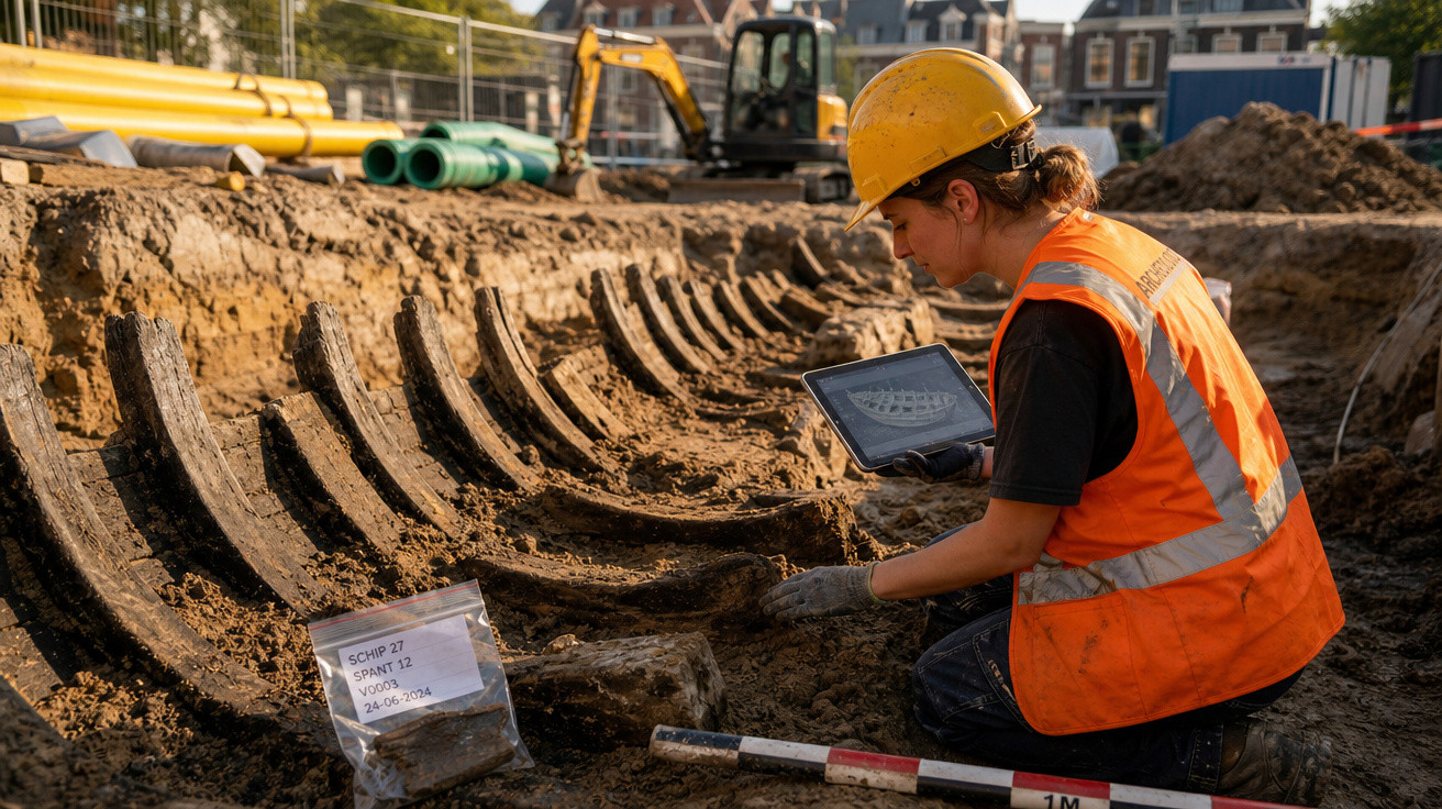 Arqueóloga com capacete e colete analisa tablet junto a uma estrutura óssea fossilizada em escavação.