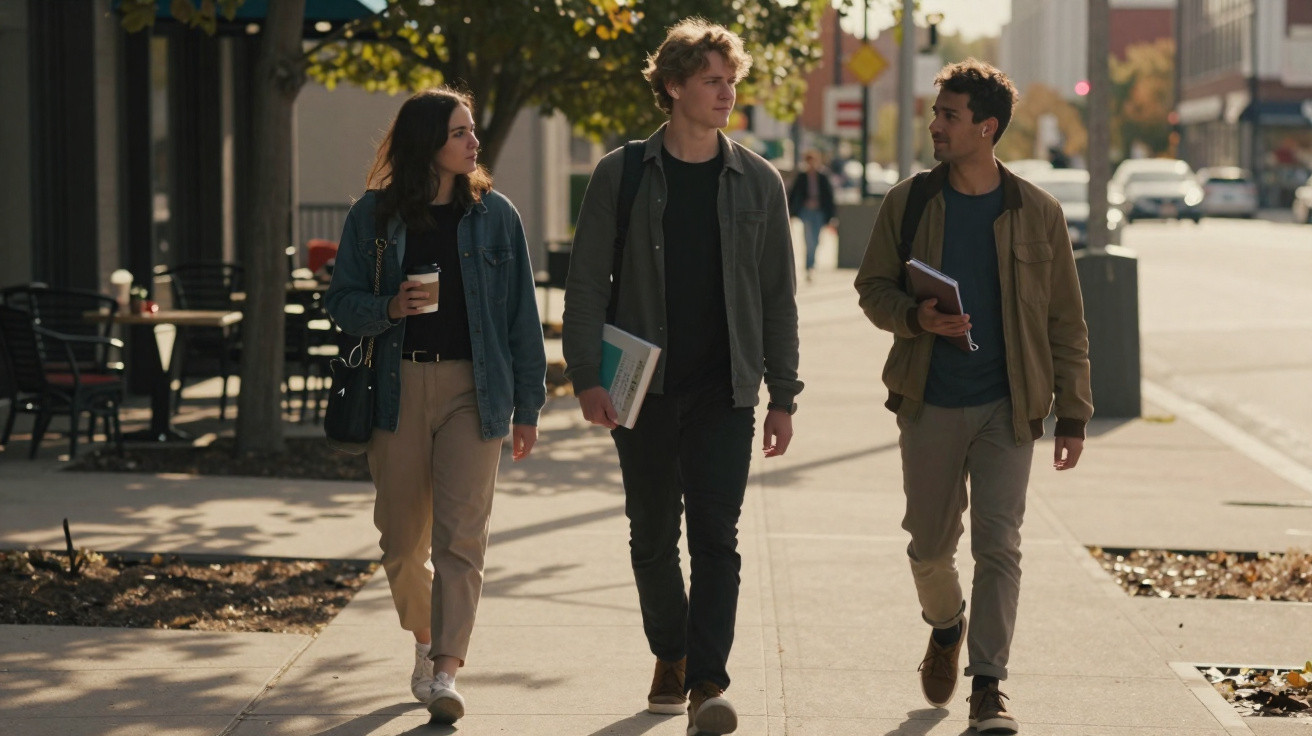 Três estudantes a caminhar numa calçada urbana durante o dia, conversando e a segurar livros e café.