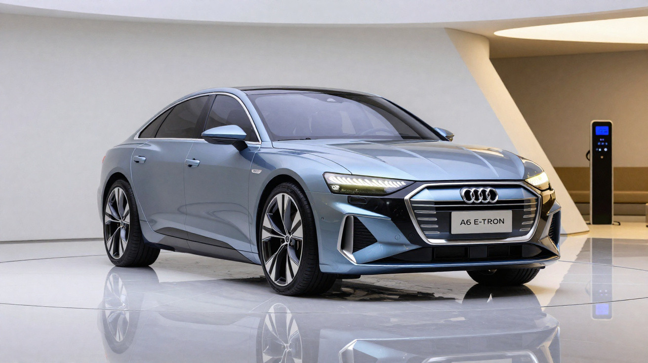 Carro elétrico Audi A6 e-tron cinzento estacionado em espaço moderno com carregador ao fundo.