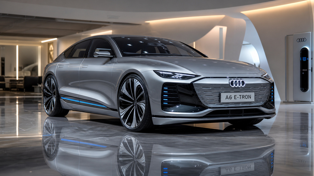 Carro elétrico Audi A6 E-Tron cinzento estacionado num showroom moderno e luminoso.