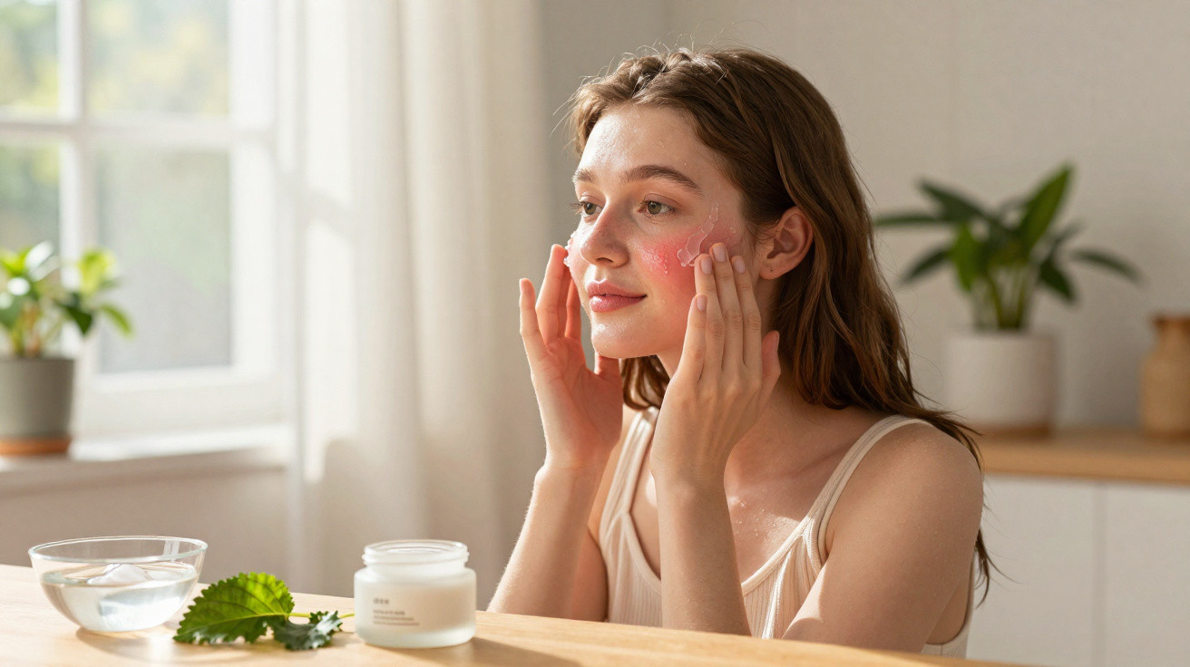 Mulher a aplicar creme hidratante no rosto num ambiente luminoso e minimalista.