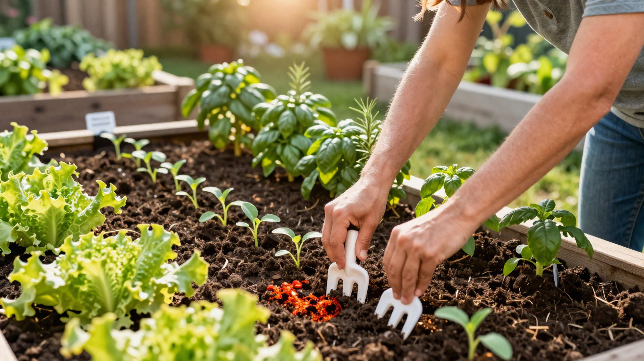 Pessoa a cultivar e cuidar de plantas e ervas em canteiros de jardim em ambiente exterior ensolarado.