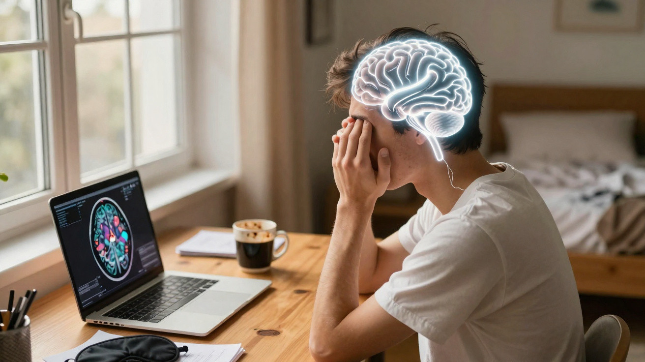 Homem com mãos na cabeça a analisar imagem do cérebro no computador numa mesa junto à janela.