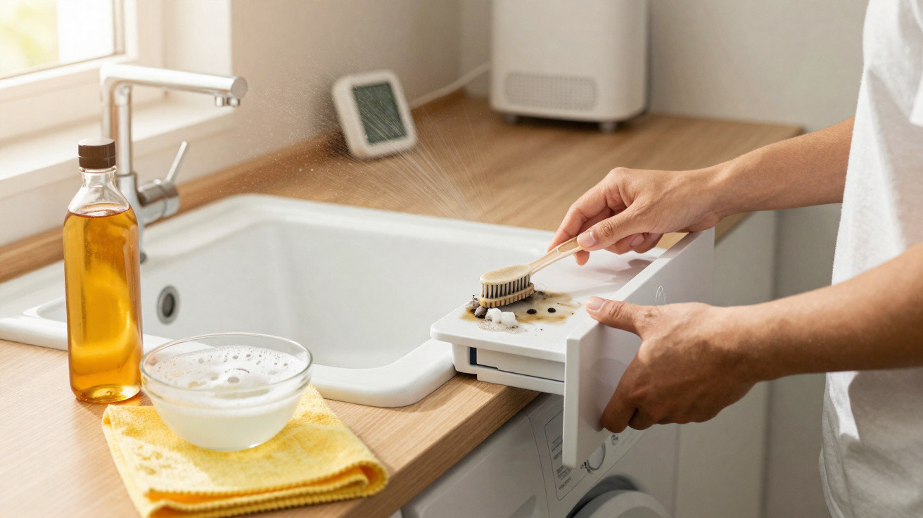 Pessoa a limpar o dispenser de detergente de uma máquina de lavar roupa numa cozinha moderna.