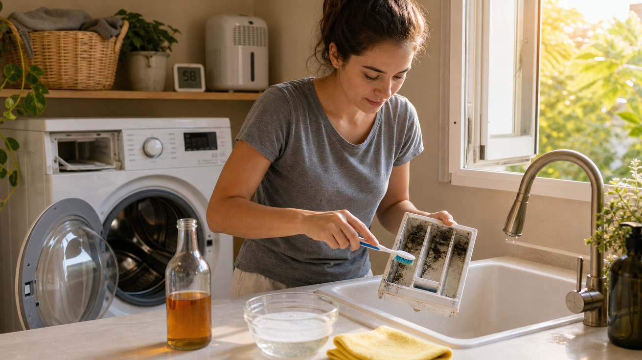 Mulher a limpar o dispenser da máquina de lavar roupa com uma escova numa cozinha iluminada.